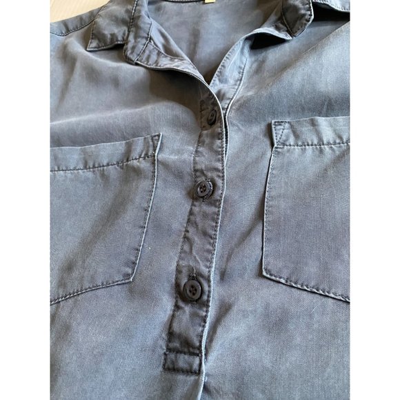 Side Stitch Blue Tencel Half Placket Roll-Tab Sleeve High-Low Shirt Size M - Picture 9 of 13